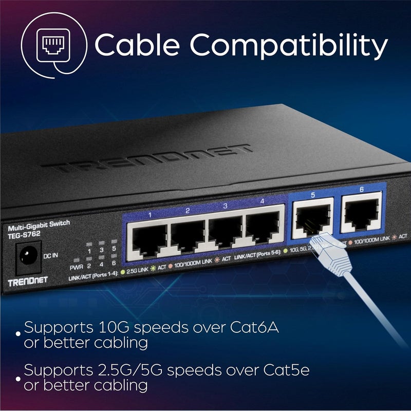 Trendnet 6-Port 10G Switch, 4 x 2.5G RJ-45 Base-T Ports, 2 x 10G RJ-45 Ports, 60Gbps Switching Capacity, Wall Mountable, 10 Gigabit Network Connections, Lifetime Protection, Black, TEG-S762 - Image 4